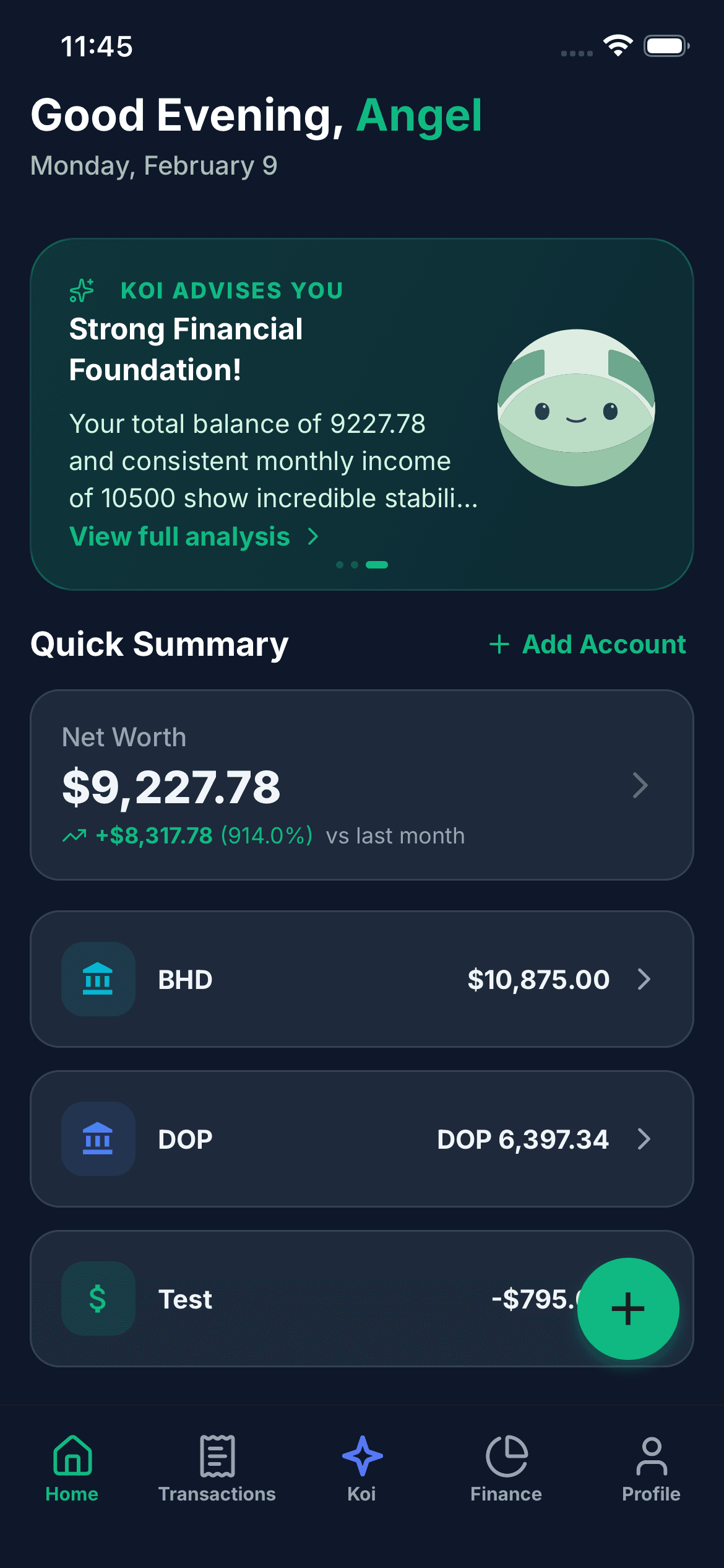 Koinx dashboard showing spending summary and categories